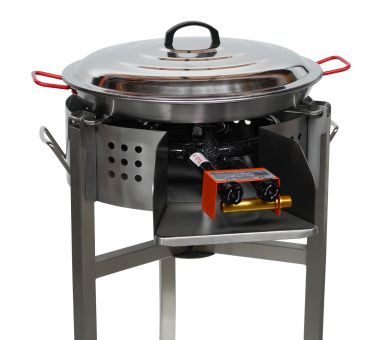 Kit paella thermocouple - Pare-flammes 60cm inox - 30 personnes - Plat acier 70cm avec couvercle inox