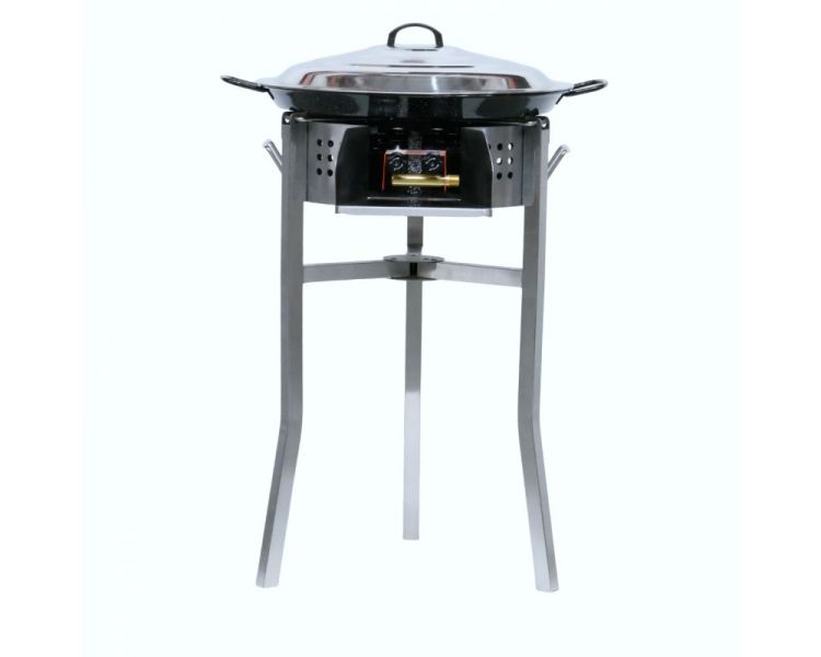 Kit paella thermocouple - Pare-flammes 60cm inox - 25 personnes - Plat émaillé 65cm avec couvercle inox