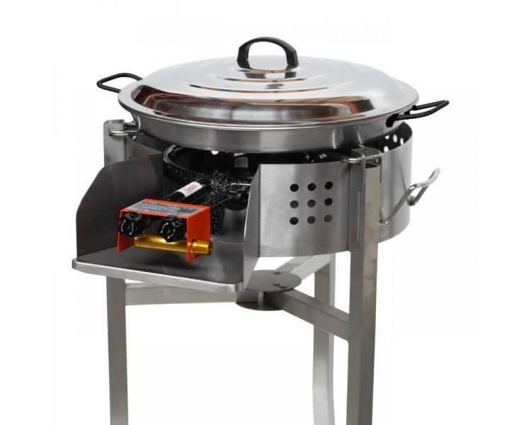 Kit paella thermocouple - Pare-flammes 60cm inox - 25 personnes - Plat pata negra 65cm avec couvercle inox