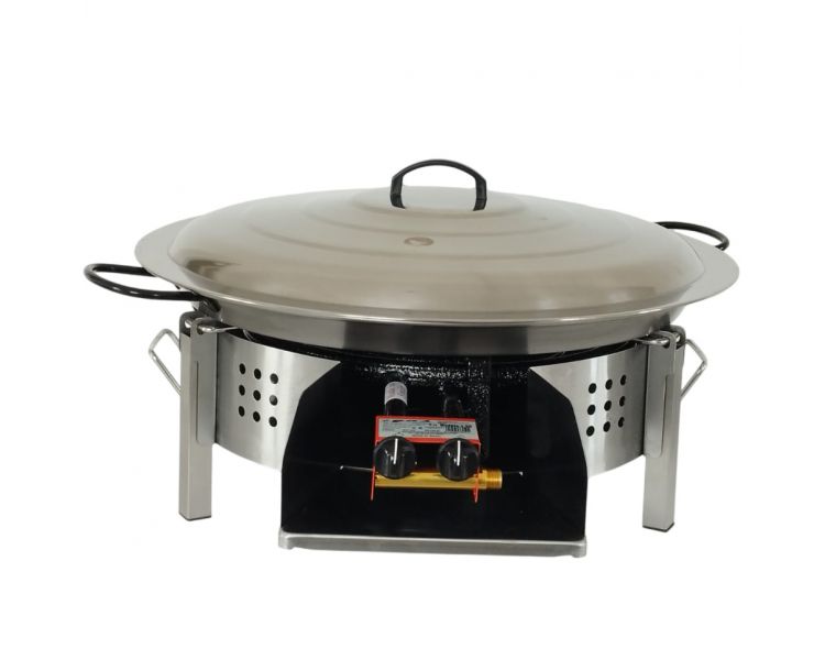 Kit paella Surpuissant - Pare-flammes plan de travail 60cm inox - 30 personnes - Plat pata negra 70cm avec couvercle inox