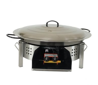 Kit paella Classique - Pare-flammes plan de travail 60cm inox - 25 personnes - Plat pata negra 65cm avec couvercle inox