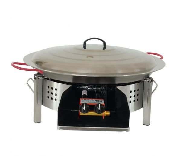 Kit paella Thermocouple - 40 personnes - Pare-flammes plan de travail 70cm inox - Plat acier avec couvercle inox