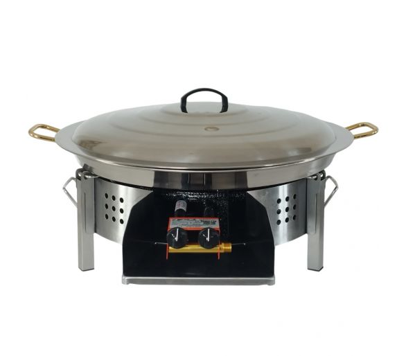 Kit paella Surpuissant - Pare-flammes plan de travail 60cm inox - 30 personnes - Plat inox 70cm avec couvercle inox