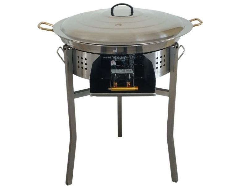 Kit paella thermocouple - Pare-flammes 60cm inox - 30 personnes - Plat inox 70cm avec couvercle inox