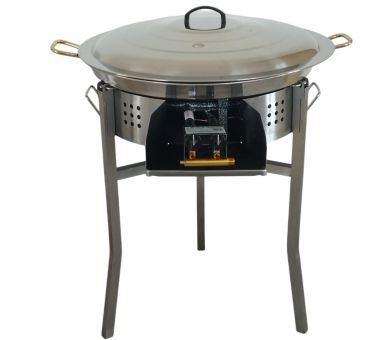 Kit paella thermocouple - Pare-flammes 60cm inox - 25 personnes - Plat inox 65cm avec couvercle inox