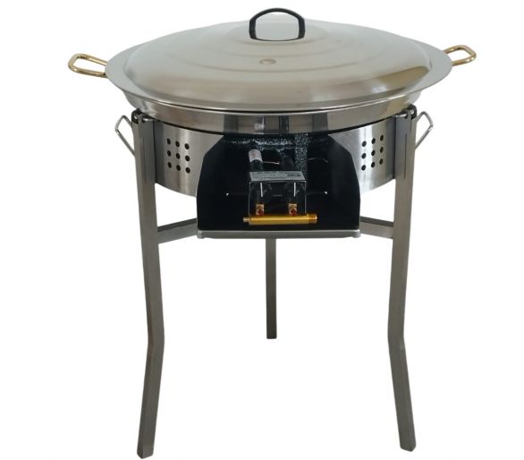 Kit paella thermocouple - Pare-flammes 60cm inox - 25 personnes - Plat inox 65cm avec couvercle inox